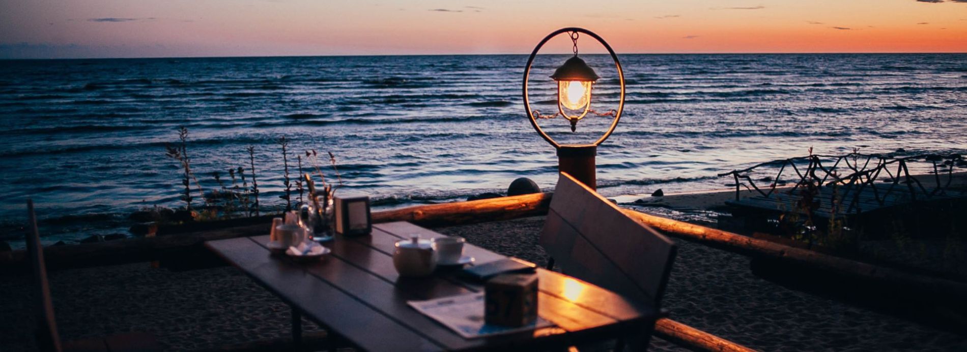 Waterfront dining at sunset